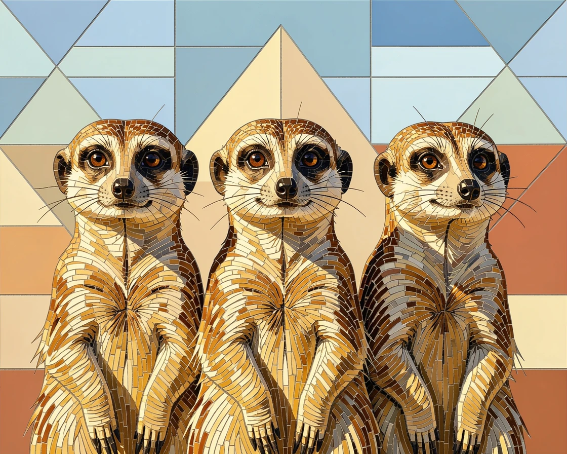 A close-up portrait of a group of meerkats standing alert in the desert sun, showing rich fur or feather detail and expressive eyes.