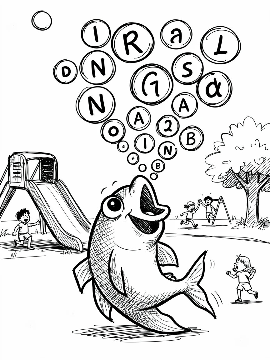 A fish blowing bubbles that spell out a message in a schoolyard during recess.