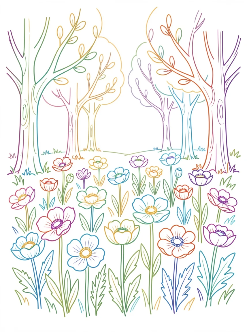A field of wild anemones blooming beneath budding forest trees.