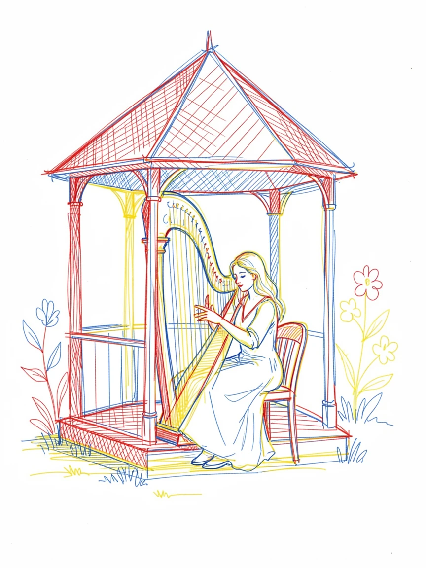 A harpist playing gently in a sunlit garden gazebo