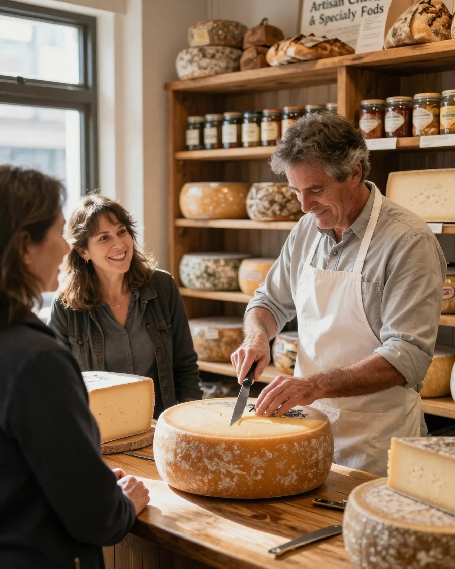 A cheesemonger slices a wheel of aged cheese for a customer at a specialty shop.