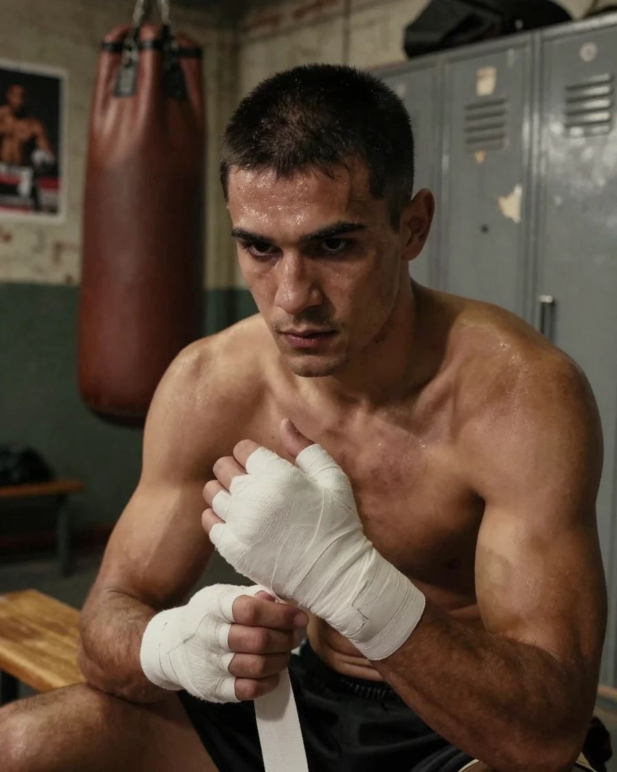 A boxer wrapping his hands before a match, focused determination in his eyes