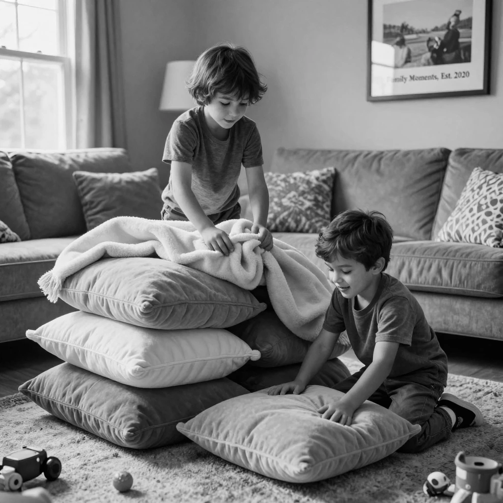 Siblings build a blanket fort in the living room beside a stack of couch cushions.