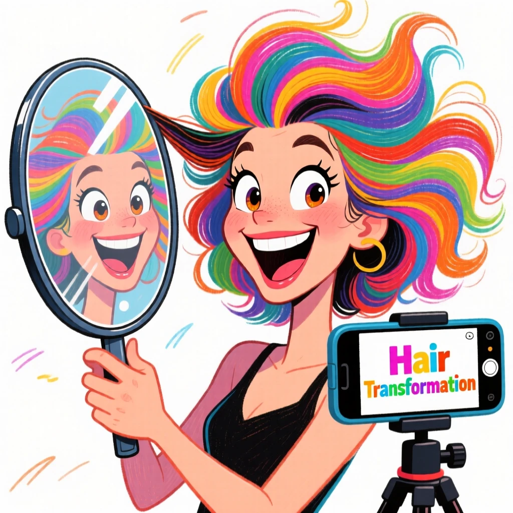 A woman doing a viral hair transformation video, holding up a mirror to show the result.