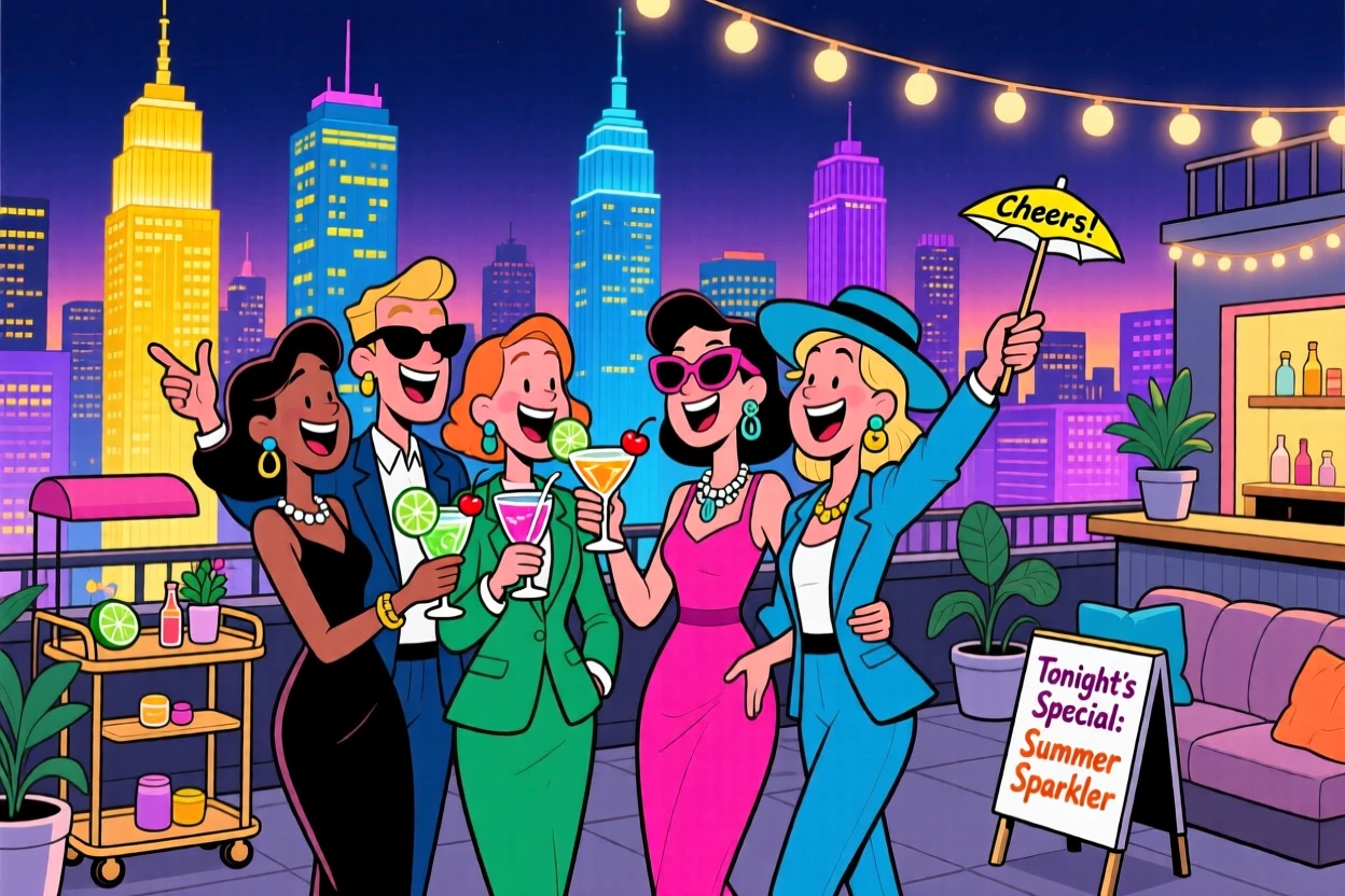 An aspirational lifestyle scene of a group of chic friends toasting cocktails at a glamorous rooftop party, as the city skyline glitters below.