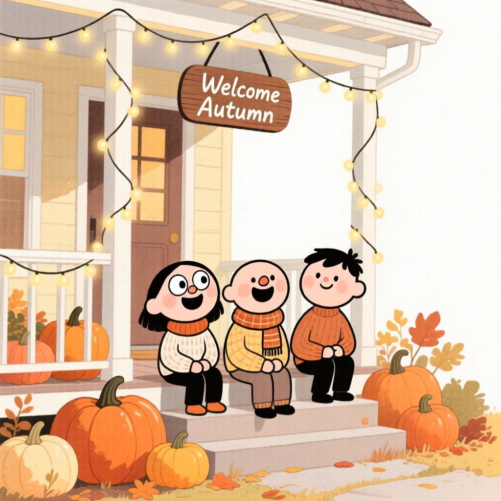A charming seasonal scene of a cozy autumn porch decorated with pumpkins and fairy lights