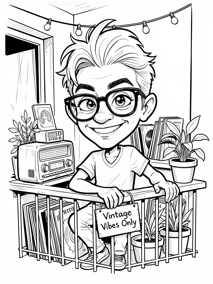 [Trending & Universal Topics] Modern lifestyle scene of a laid-back vintage collector decorating a small apartment balcony, capturing everyday joy
