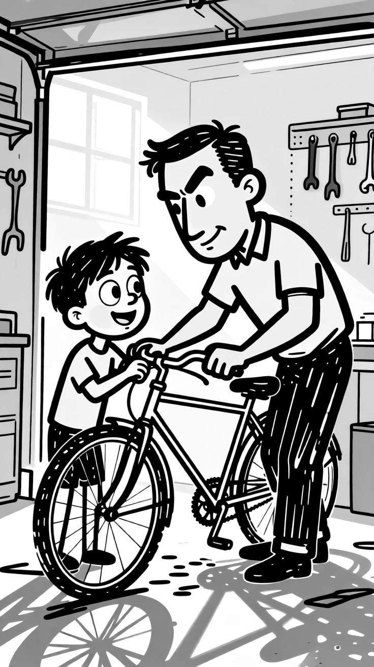 A father and son fixing an old bicycle together in a sunlit garage.