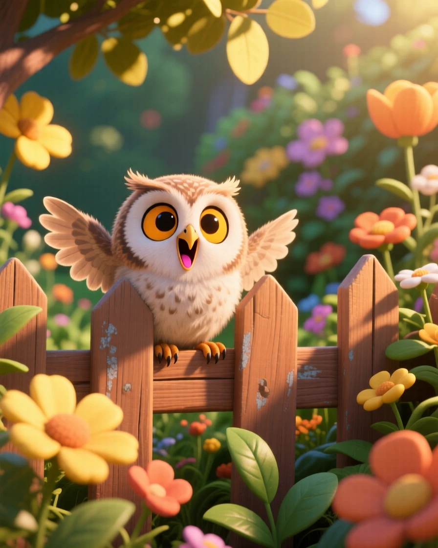 A fuzzy baby owl is peeking through a garden fence, yawning with a tiny open mouth. Playful joy radiates from the small creature, with warm colors filling the background.