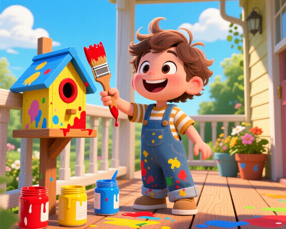 A child painting a birdhouse in bright colors on a sunny porch.