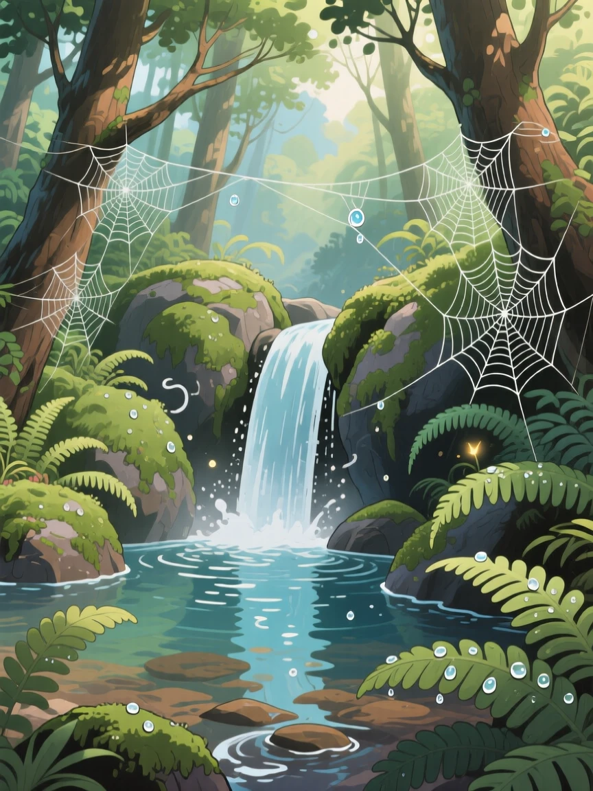 A fern-filled ravine with a small waterfall, dew clinging to spiderwebs strung between branches, creating a scene of quiet natural magic.