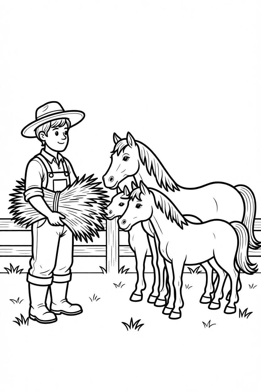 A farmer feeding hay to a group of friendly horses