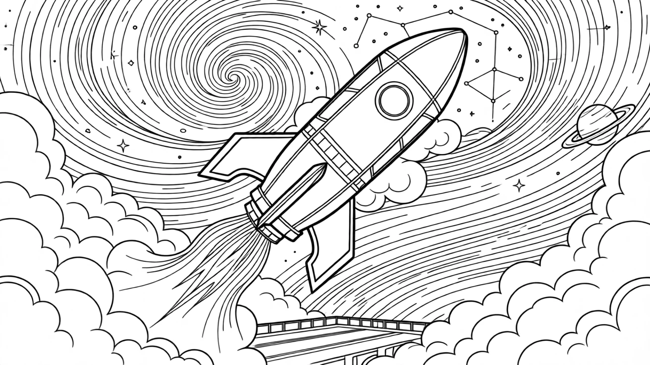 A rocket launching through layers of clouds, with swirling clouds of cosmic dust in the background.