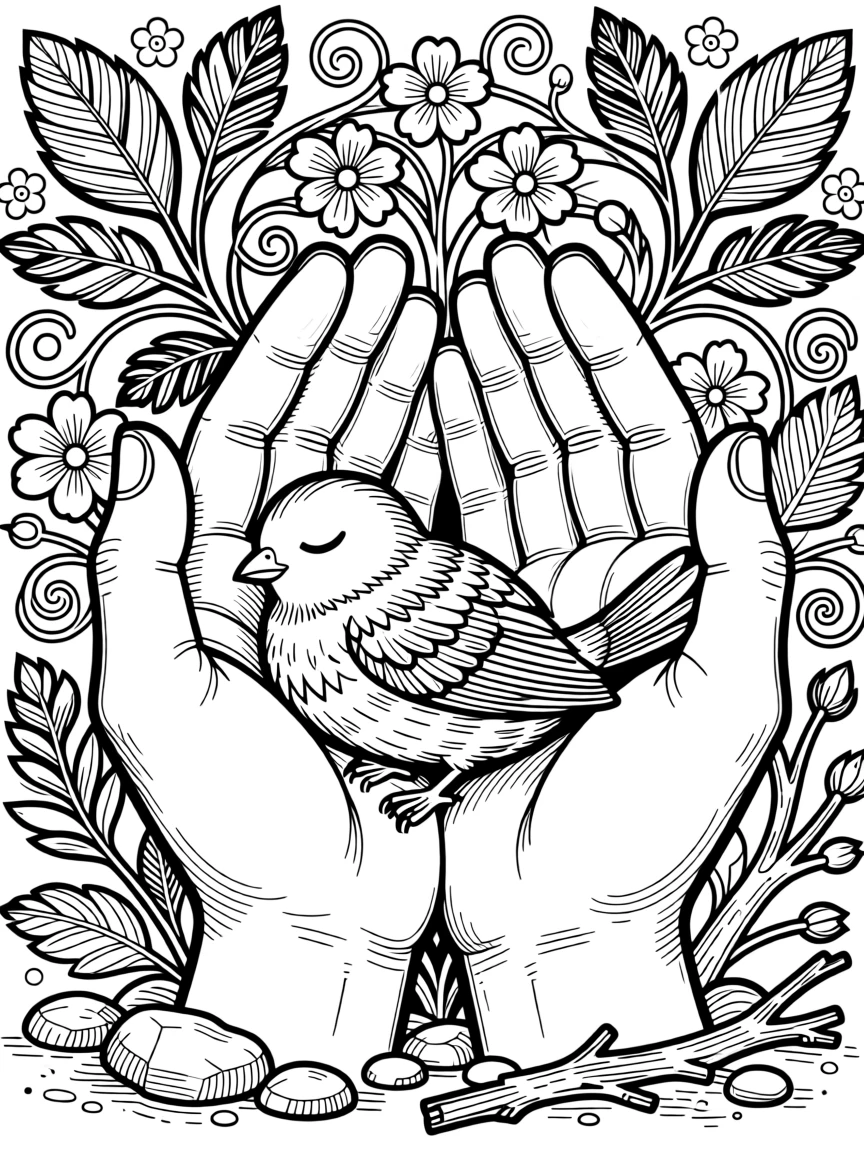 A pair of hands forming a nest to shelter a small sleeping bird.