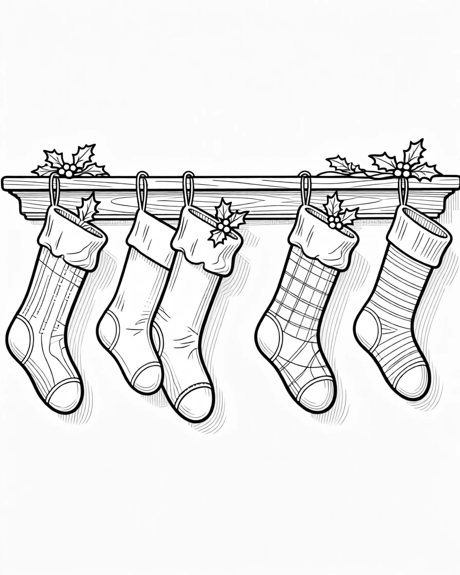 A row of holiday stockings hung along a mantel
