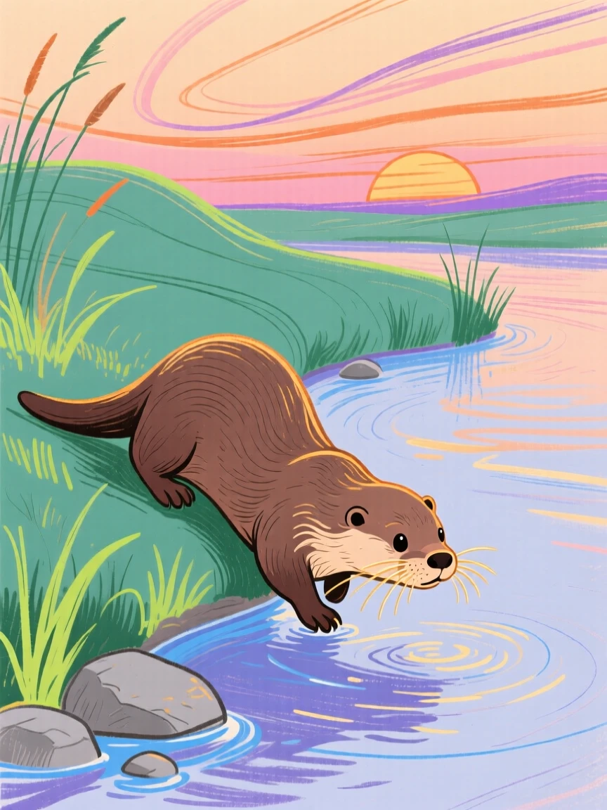 A playful otter exploring along a quiet riverbank at sunset.