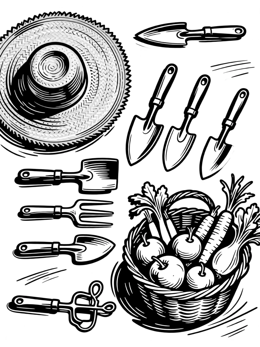 A flat lay of gardening tools with a straw hat and a basket of fresh vegetables.