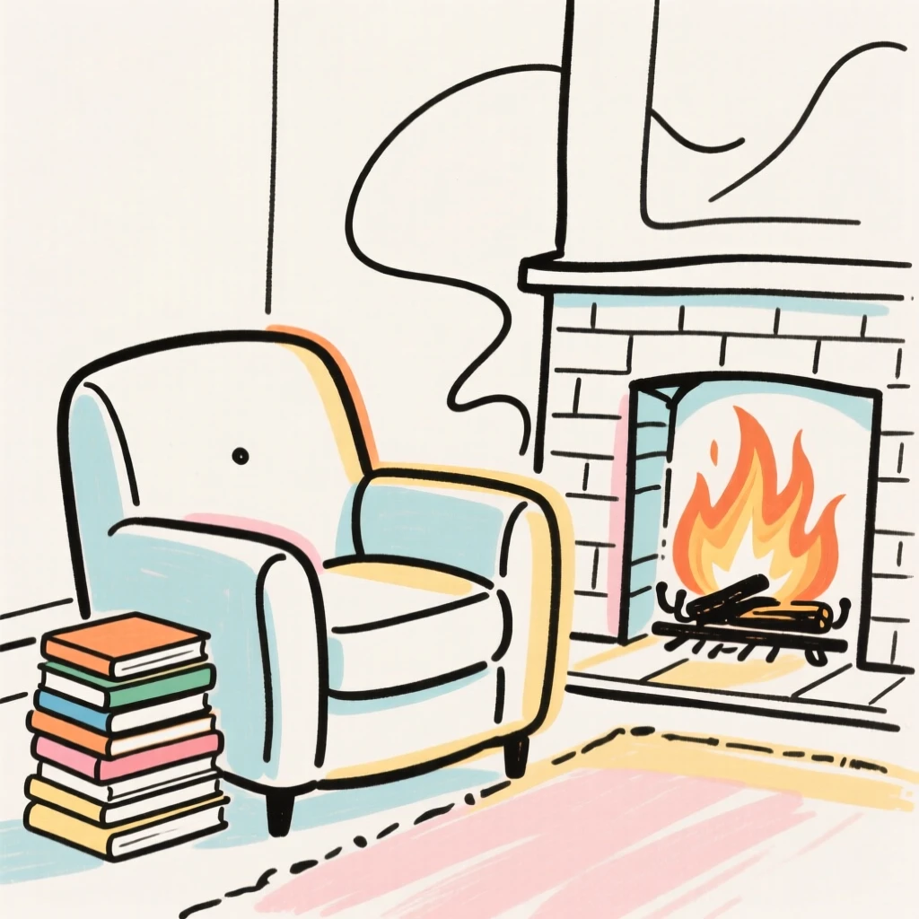 A cozy living room with a crackling fireplace and a stack of books.