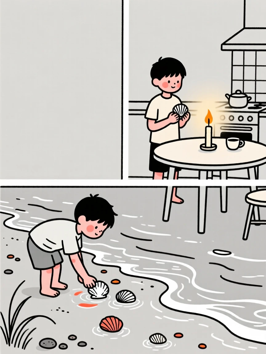 A young boy collecting seashells along the tideline, in a cozy candlelit kitchen.