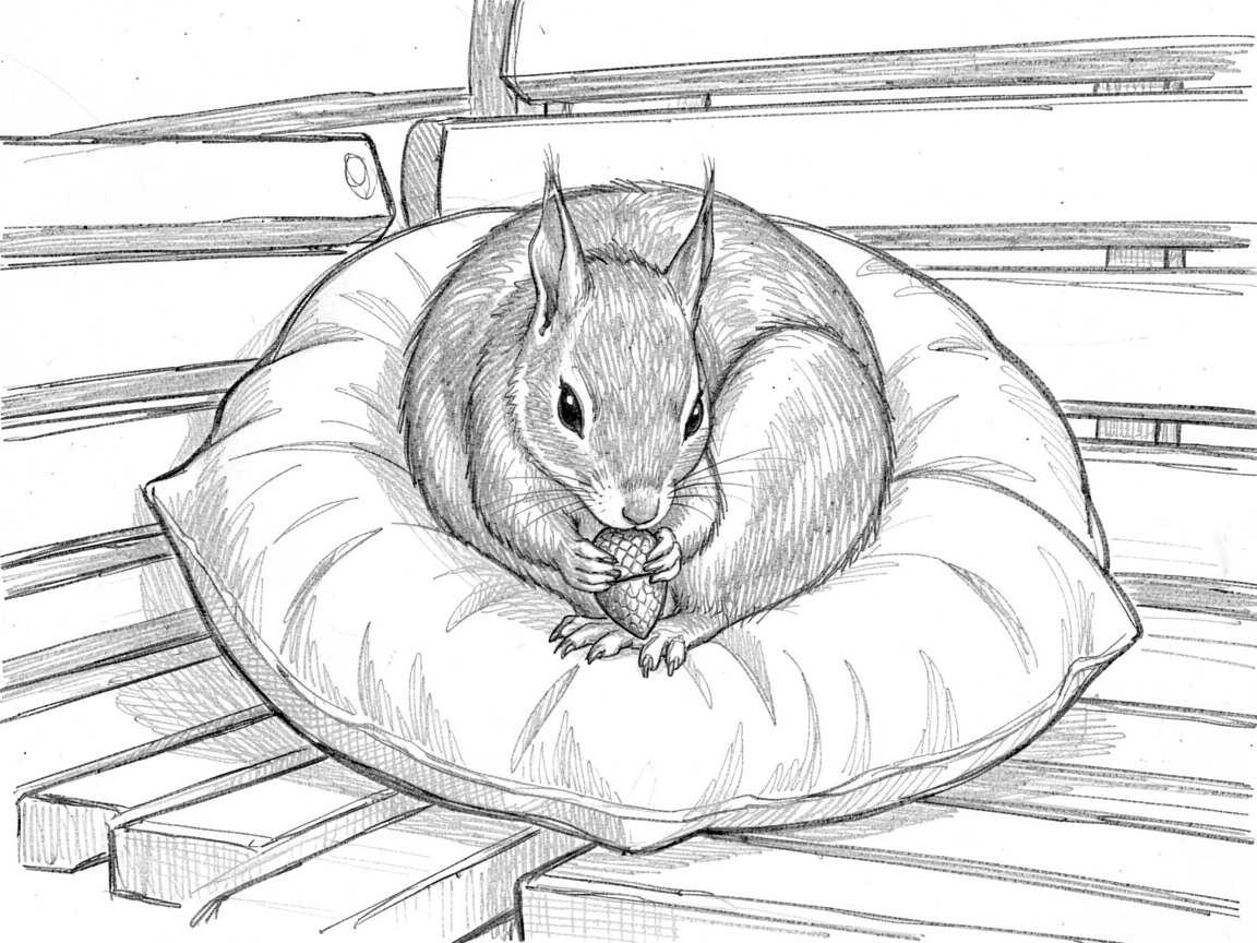 A charming close-up of a squirrel nibbling an acorn on a park bench curled up on a plush pillow, looking utterly adorable and at ease.