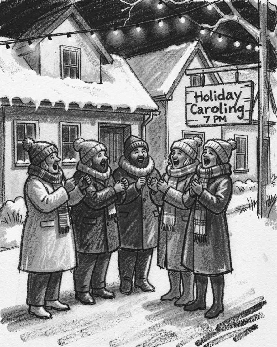 A group of carolers singing outside snow-dusted houses, under the warm glow of string lights.