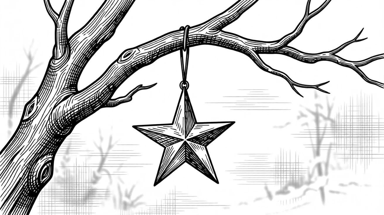 A single star-shaped ornament hanging from a bare winter branch.