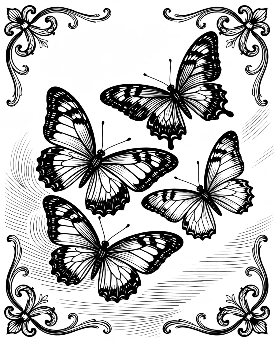 A decorative arrangement of butterflies in flight designed as an elegant decorative motif, with ornamental flourishes at each corner, forming a timelessly decorative composition.