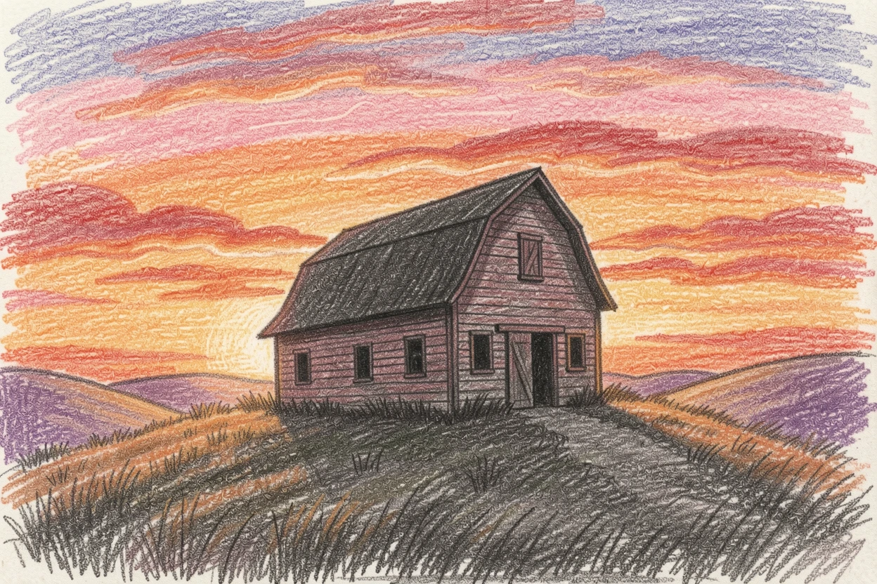 A pastoral hilltop barn silhouetted against a blazing sunset, with soft, natural light bringing warmth to every detail, designed to feel inviting, memorable, and shareable.
