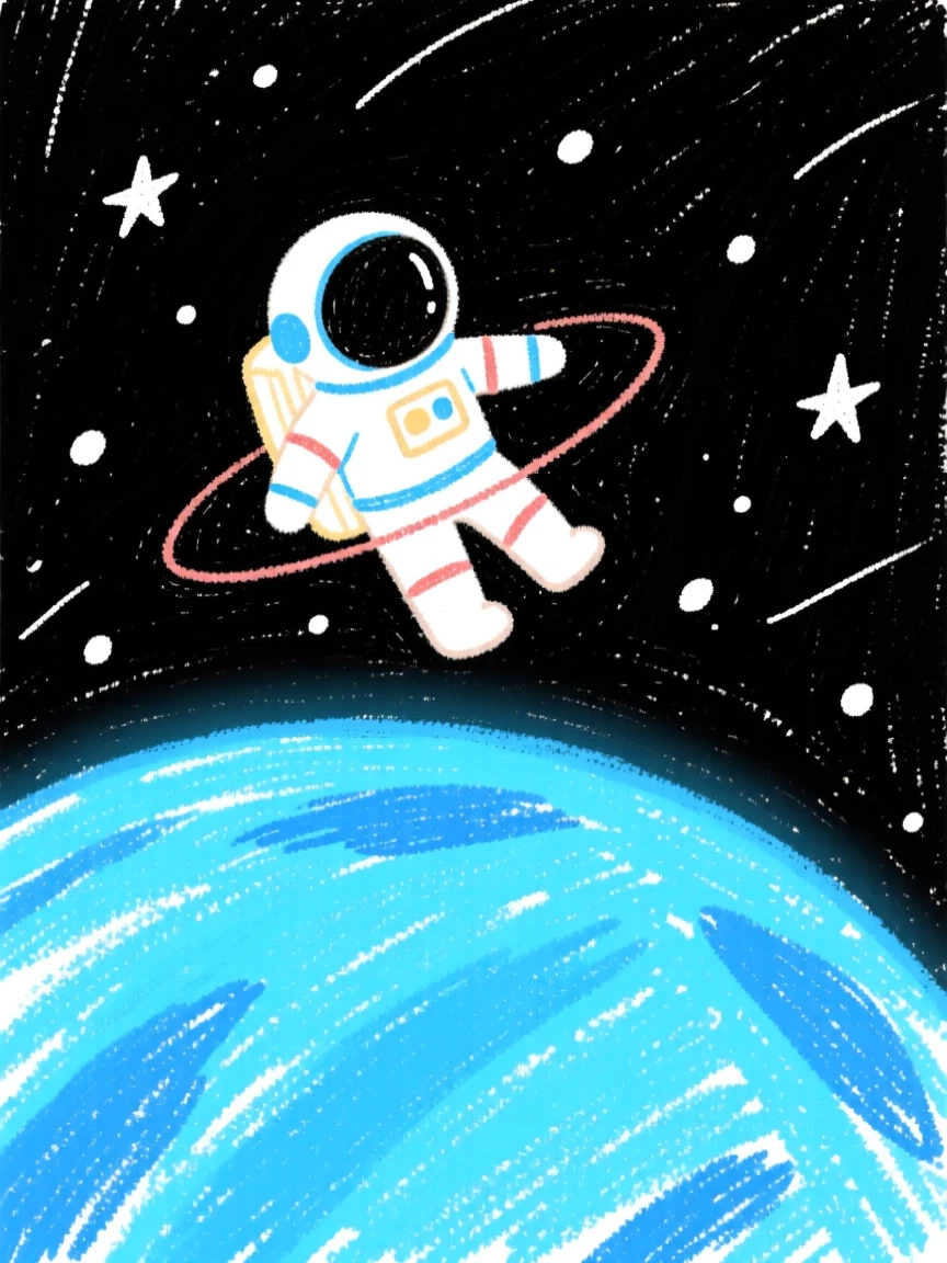 A lone astronaut orbiting gently above a glowing blue planet.