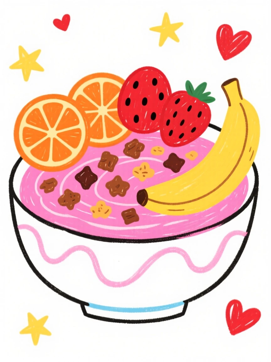 A smoothie bowl topped with granola and sliced fruit.