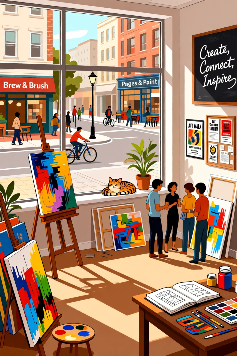 A trendy art studio filled with colorful canvases in progress, set against a backdrop of a lively city street, composed with warm natural light and relaxed framing, with a sense of community and connection in every detail.