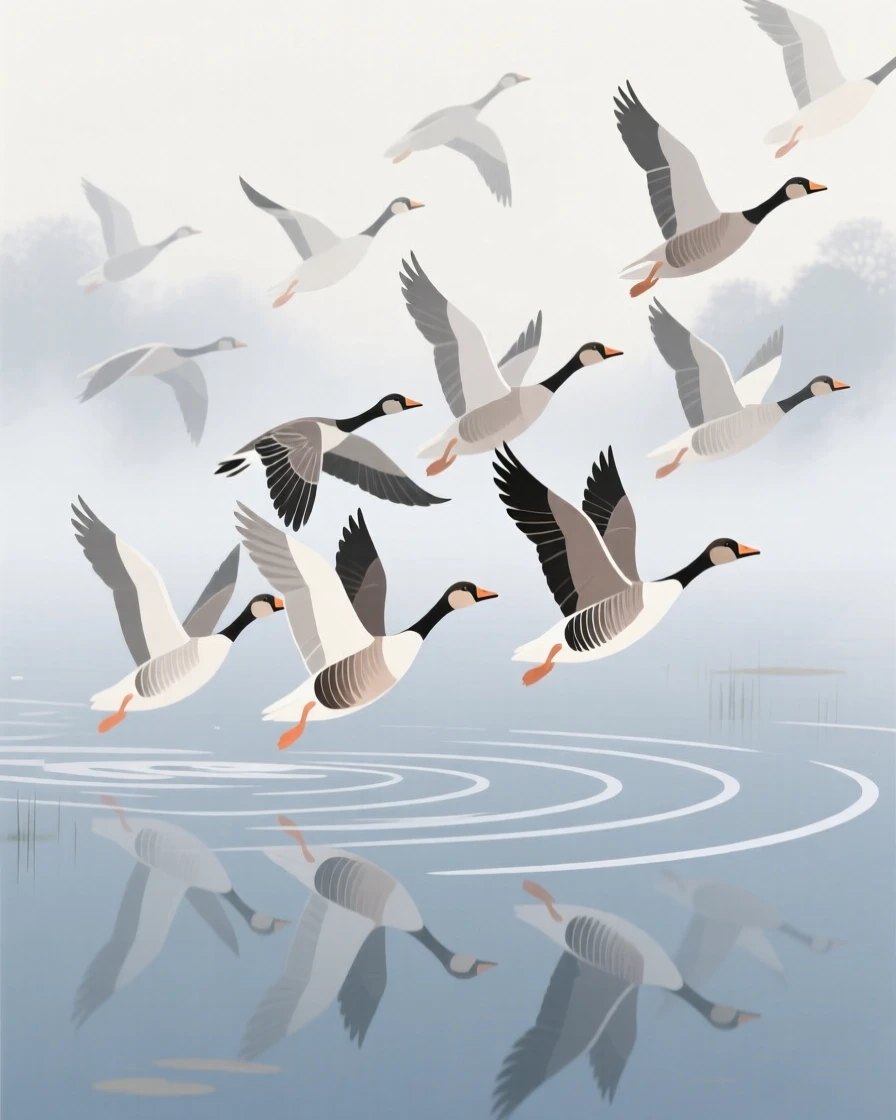 A flock of geese lifting off together from a misty morning pond.