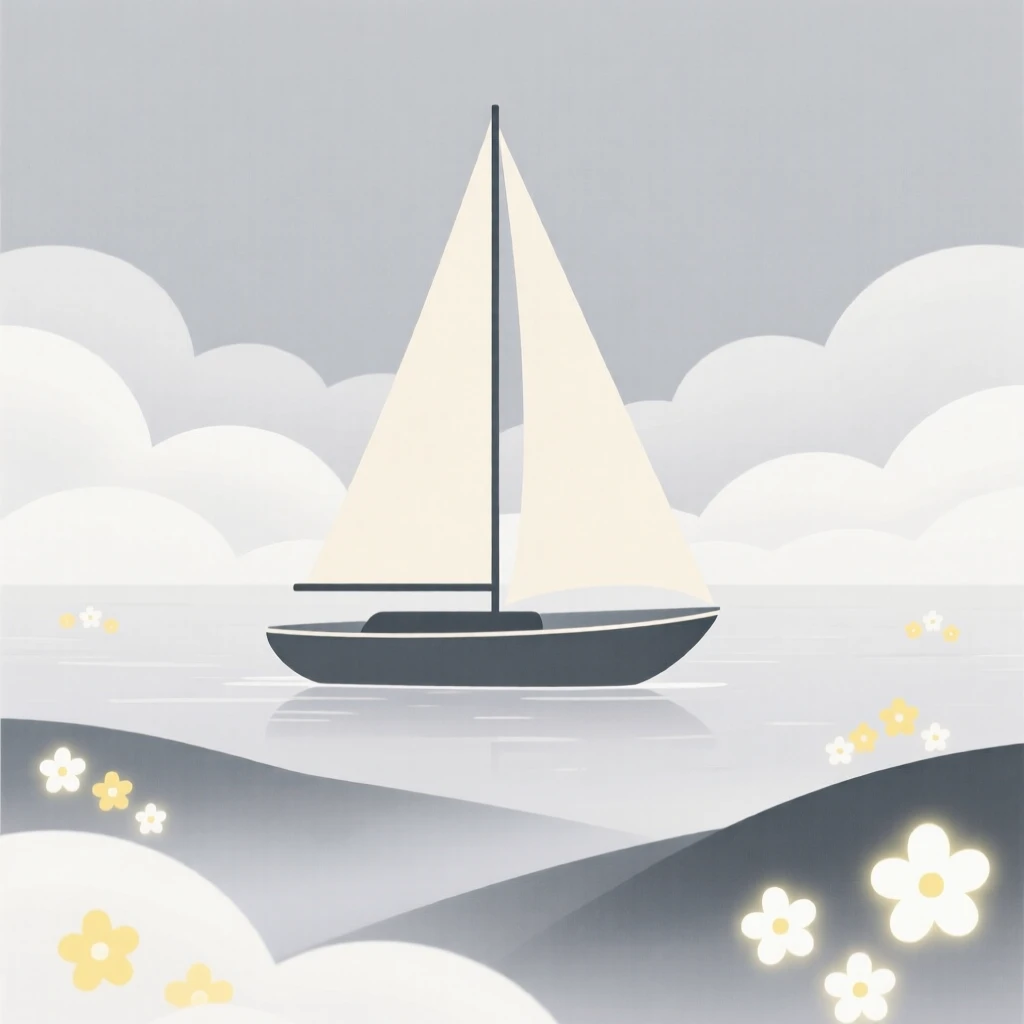 A dreamlike ship sailing across a sea of clouds rising from a mist-covered valley, filled with clusters of luminous flowers, evoking whimsical fantasy.