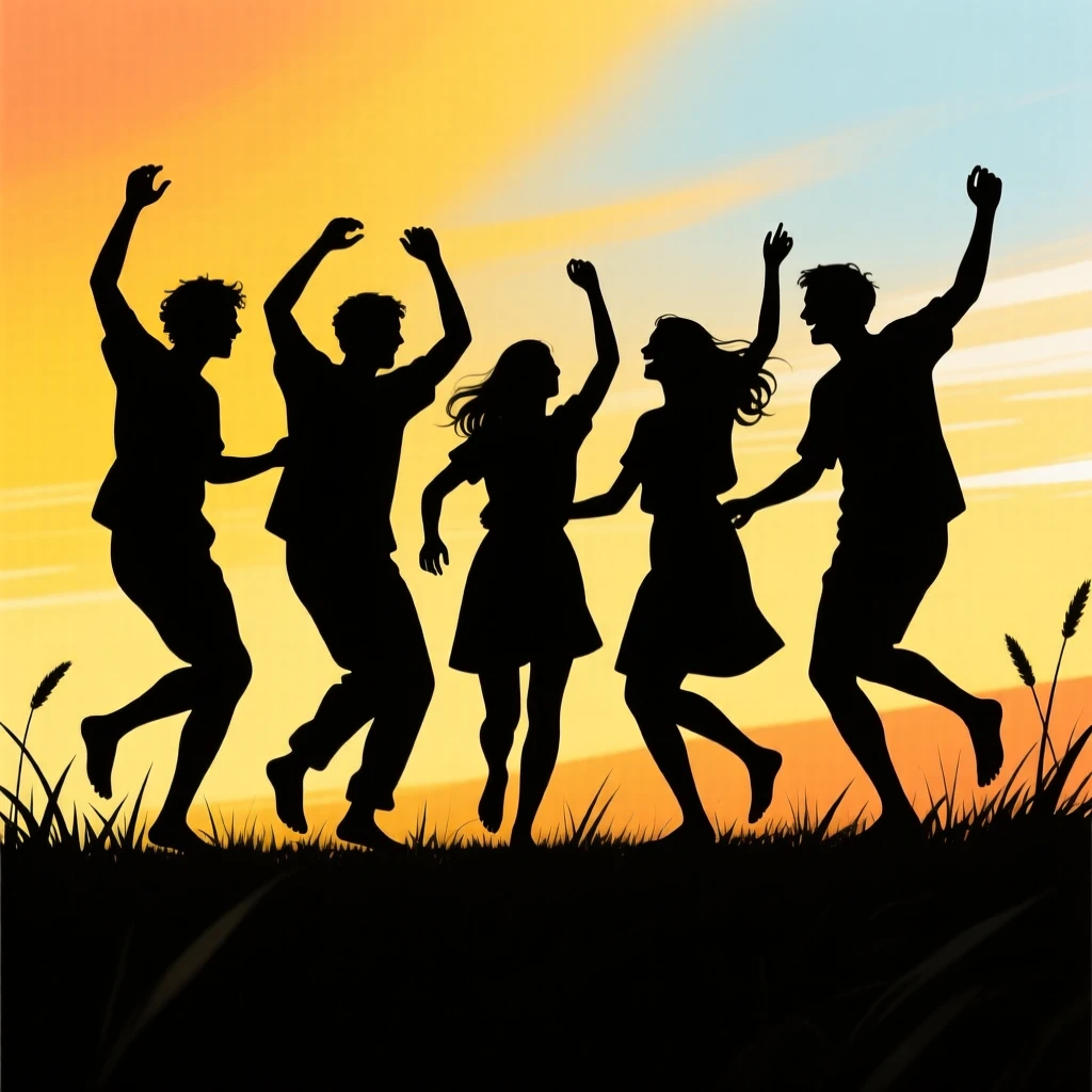 A group of friends dancing together barefoot in a sunlit meadow.