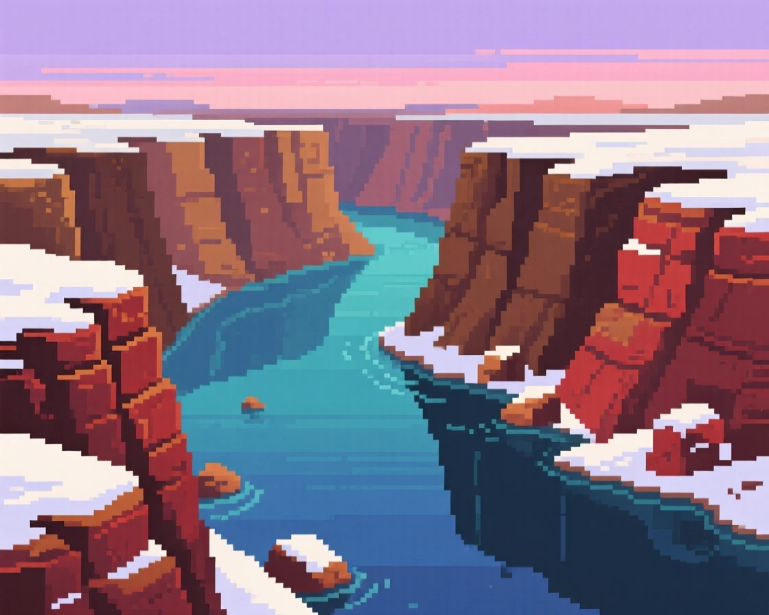 A canyon carved by a river dusted with a light layer of fresh snow, beside a calm and glassy lake.