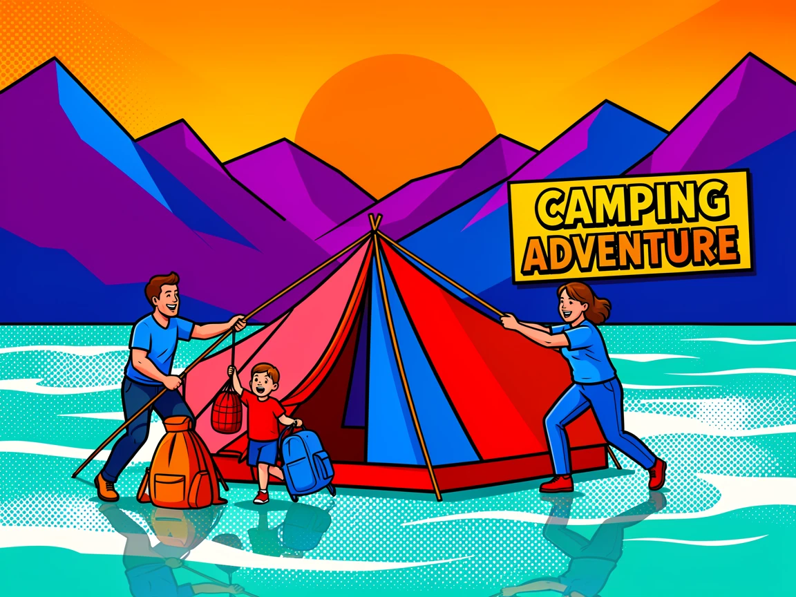 A family setting up a tent as the sun sets over a mountain lake