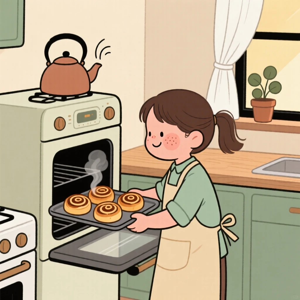 A young baker pulls a tray of cinnamon rolls from the oven in a cozy home kitchen, steam rising as a kettle whistles on the stove.