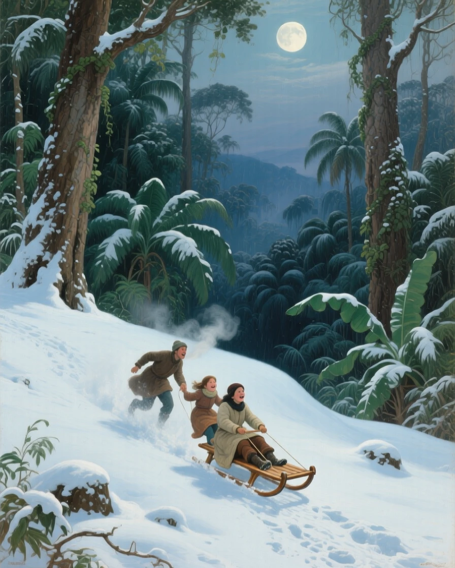 A wide establishing shot of a family sledding down a snowy hillside, in the Amazon rainforest, under a full moon.