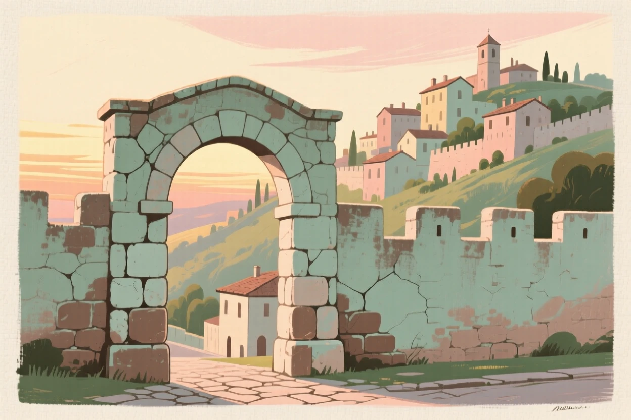 A stone archway leading into a walled hill town at dusk