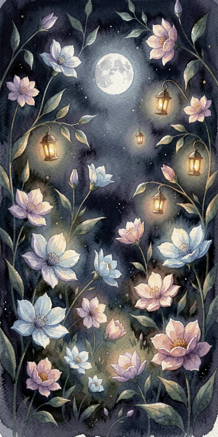 A enchanted garden where flowers glow softly at night with tiny lanterns floating like stars.