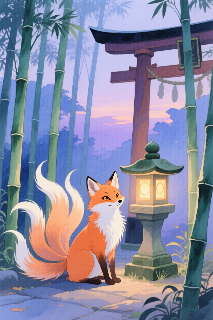 A small kitsune fox spirit with nine fluttering tails sits beside a shrine lantern at dusk in a bamboo grove