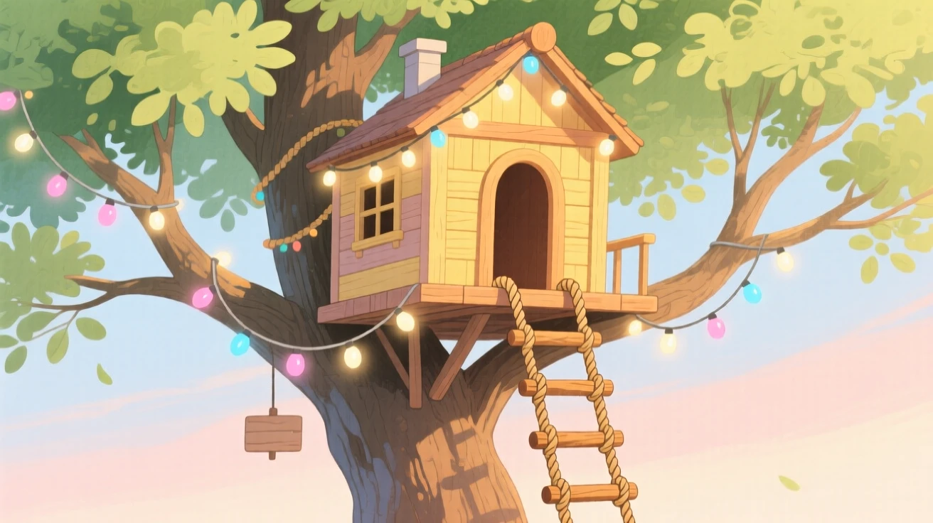 A treehouse with a rope ladder and fairy lights, warm and inviting on a quiet afternoon.