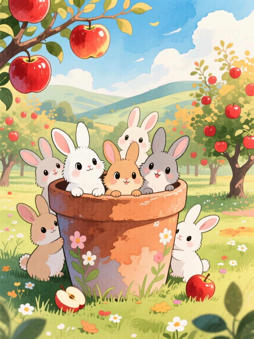 A group of bunny siblings peeking out from behind a flower pot, set in an orchard heavy with ripe apples, full of playful curiosity.