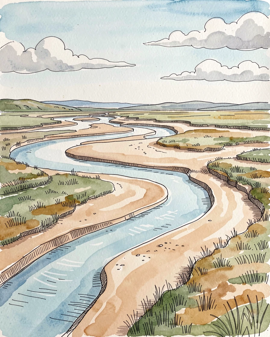 A wide river delta braided with sandbars at low tide, clouds drifting slowly across an otherwise clear sky.