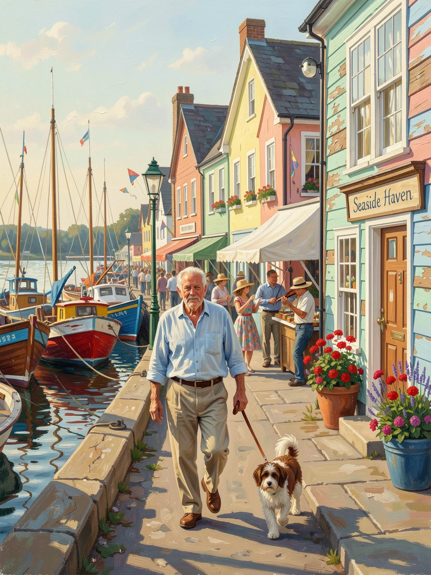 Beside a small harbor filled with fishing boats, a row of colorful fishing cottages along a harbor, an old man walking his dog along the quiet lane, on a bright summer afternoon, streets bustling with life.