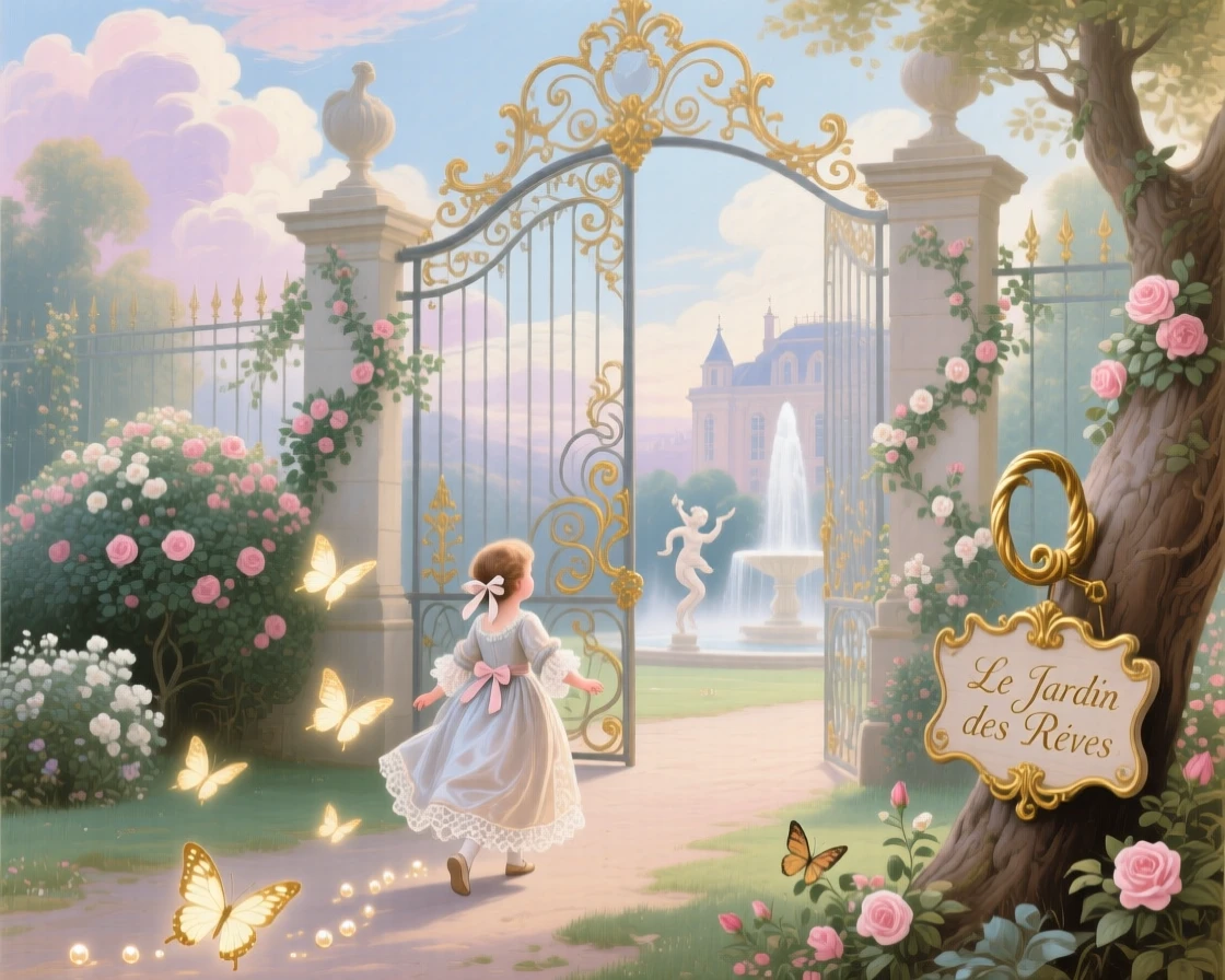 A child following glowing butterflies toward an enchanted palace gate  