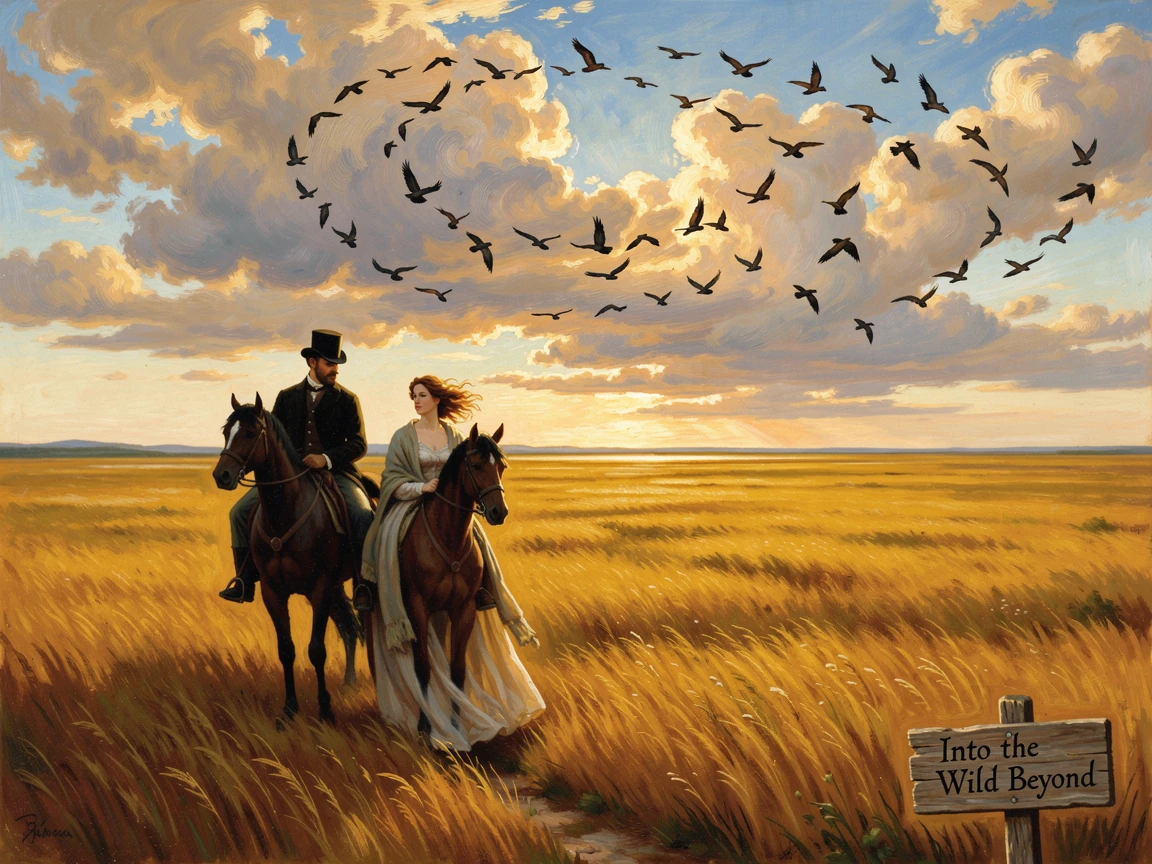A pair of riders rides through an endless field of tall grass as birds wheel overhead.