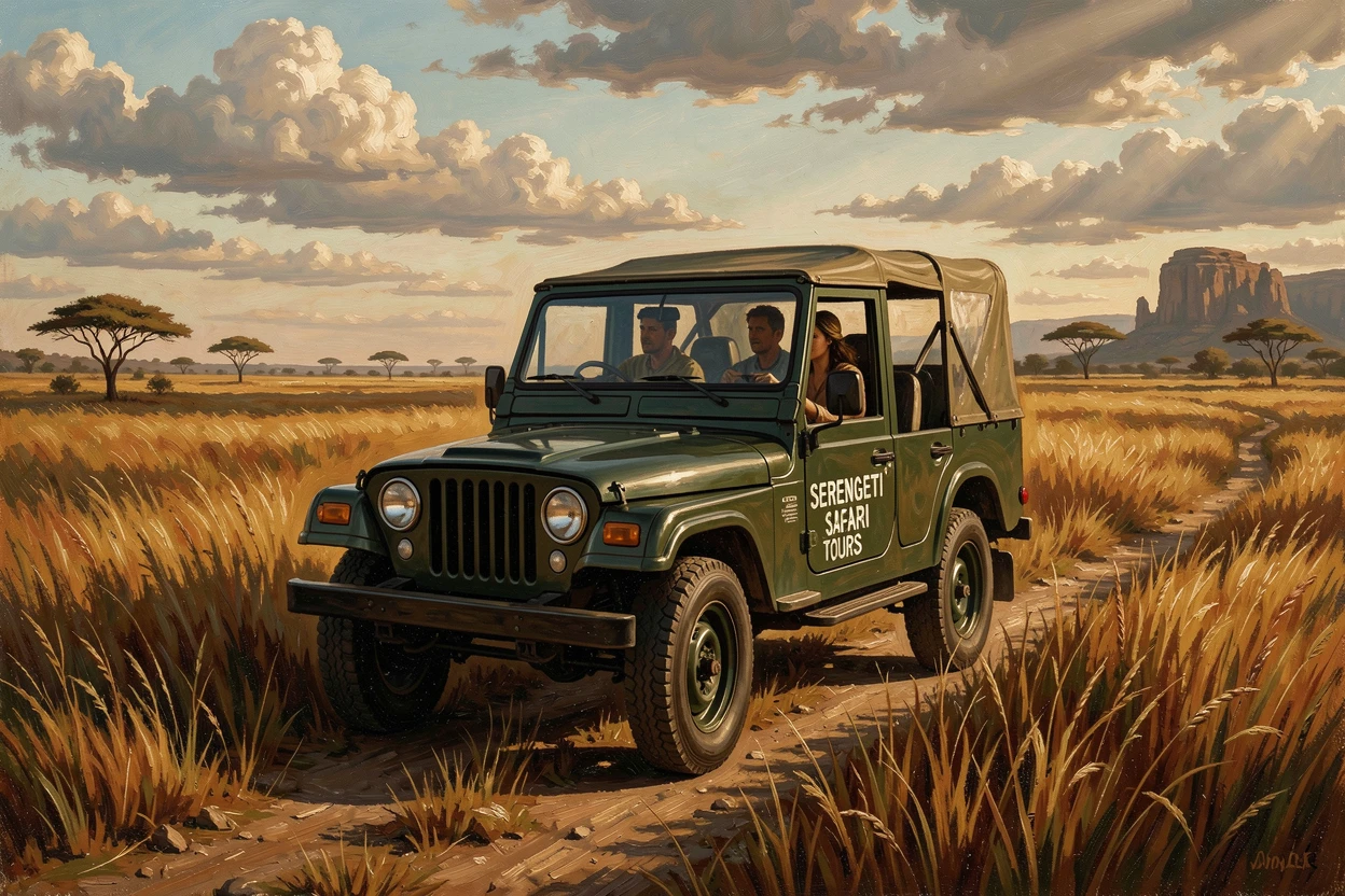 A jeep safari winding through the golden grasslands of the Serengeti, as dramatic natural light enhances the excitement of the journey, offering a vivid, awe-inspiring window into a far-off adventure