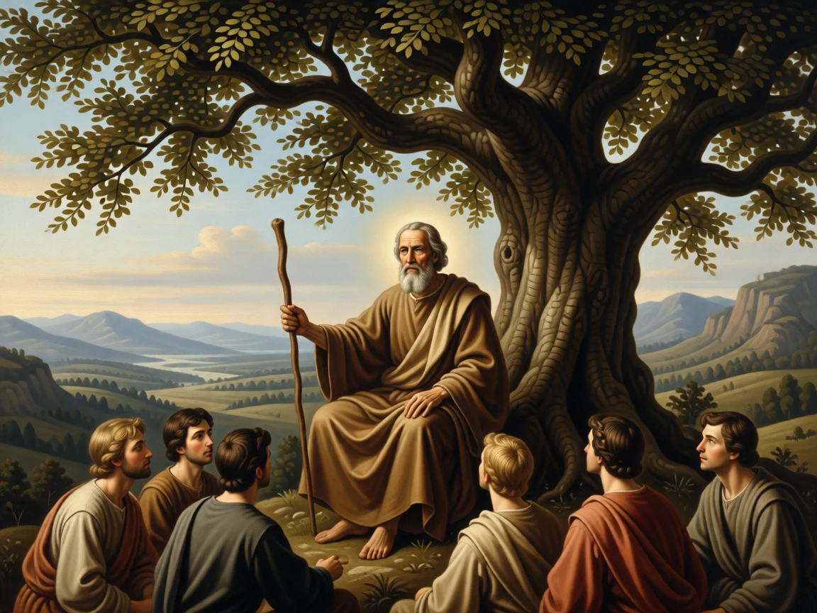 A philosopher teaching students beneath the shade of an ancient tree as ancient wisdom passes gently to the next generation, set atop a remote mountain overlooking an endless valley, with modest robes, a well-worn staff, and a face lined with quiet devotion; the composition places the central figure within a halo of natural light, suggesting the enduring comfort of belief and community.