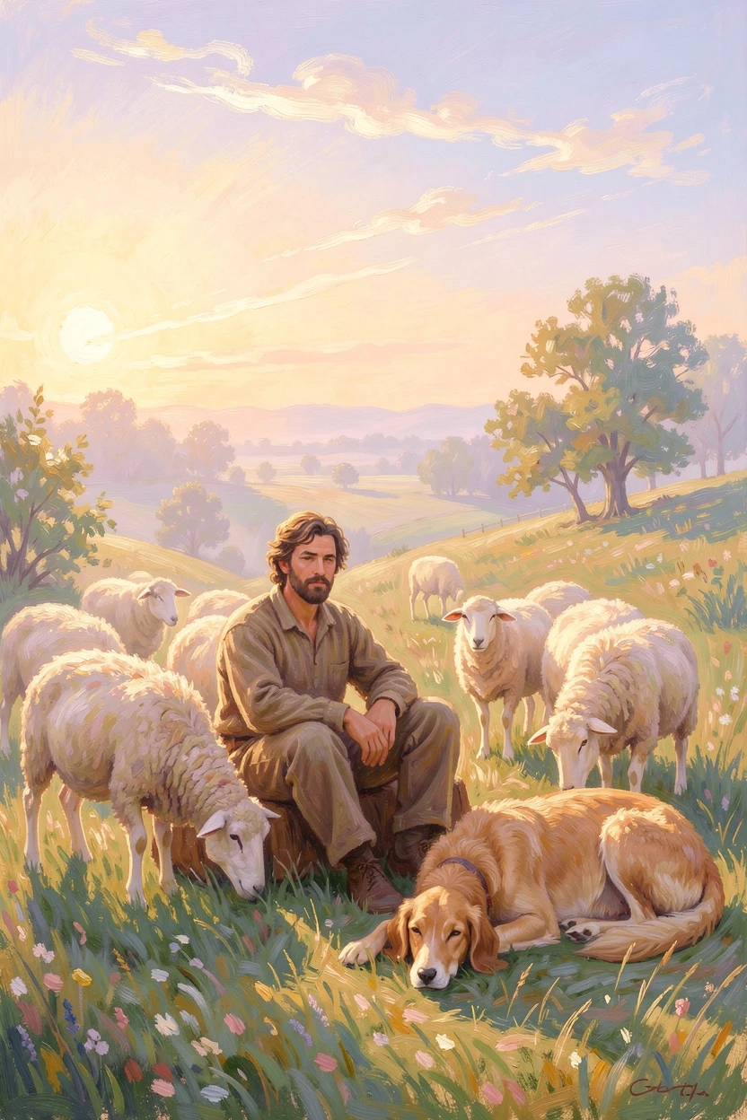 A shepherd resting among his flock on a hillside at dusk, a faithful dog curled beside him, at golden sunrise.